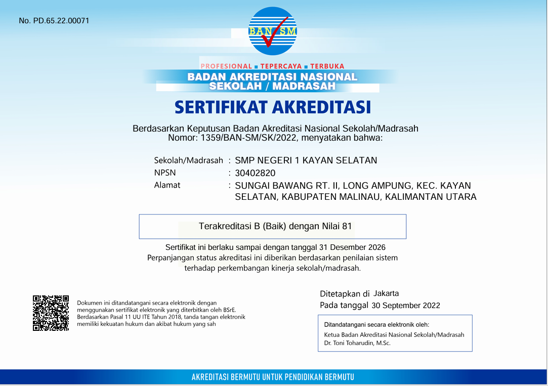 Sertifikat Akreditasi SMP Negeri 1 Kayan Selatan